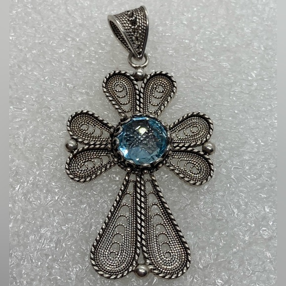 Vtg Sterling & Topaz Filigree Large Cross Pendant - DGS Turkey / 2.3” Length - Picture 2 of 11
